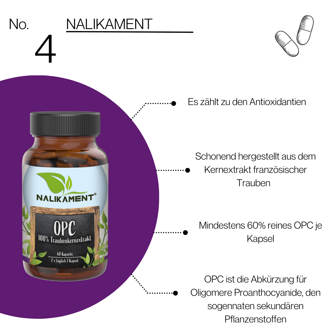 Dieses Nahrungsergänzungsmittel mit OPC von Nalikament unterstützt Ihre Hautgesundheit und beugt Schäden durch freie Radikale vor, damit Sie sich strahlend und gesund fühlen können - und vieles mehr!