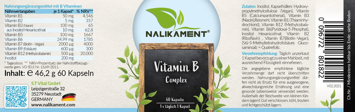 Ein Nahrungsergänzungsmittel mit Vitamin B Complex von Nalikament, das Ihre Nerven und Ihren Stoffwechsel unterstützt und Ihnen hilft, ein aktives und gesundes Leben zu führen - und noch jede Menge weitere Vorteile!