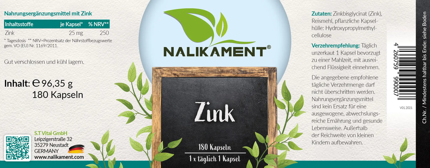 Nalikament Zink - eine hochwertige Formel mit Zink und weiteren wichtigen Nährstoffen zur Unterstützung eines gesunden Immunsystems und zur Verbesserung der allgemeinen Gesundheit. Die klare und ansprechende Etikettengestaltung macht es einfach, die empfohlene Dosierung zu erreichen. Enthält auch Vitamin C und E für eine optimale Absorption und antioxidative Wirkung. Perfekt für die Unterstützung von Haut, Haaren und Nägeln. Und noch vieles mehr.