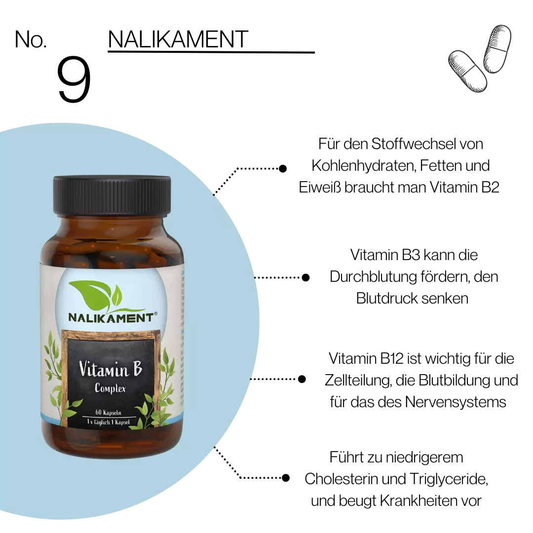 Nahrungsergänzungsmittel mit Vitamin B-Komplex zur Unterstützung des Energiehaushalts und zur Vorbeugung von Mangelerscheinungen.