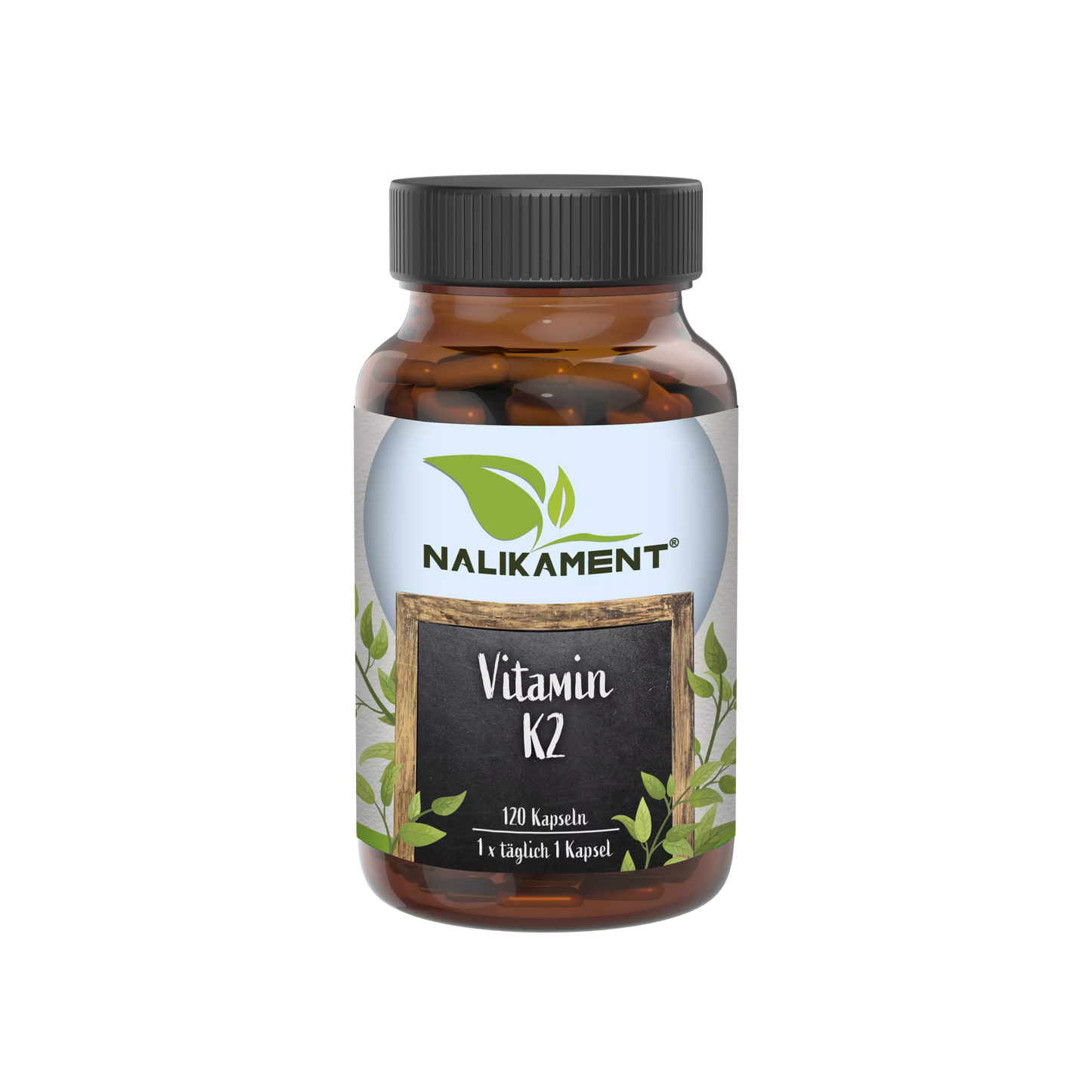 Nahrungsergänzungsmittel-Flasche mit Vitamin K2 zur Unterstützung der Knochengesundheit und zur Vorbeugung von Herzkrankheiten.