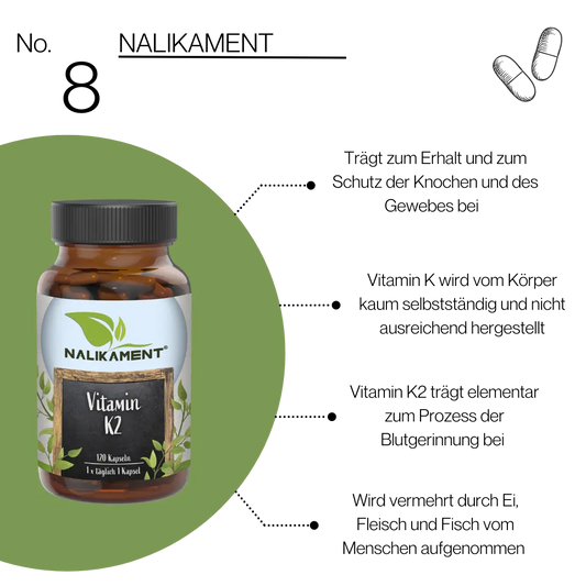Nahrungsergänzungsmittel-Flasche mit Vitamin K2 zur Unterstützung der Knochengesundheit und zur Vorbeugung von Herzkrankheiten.