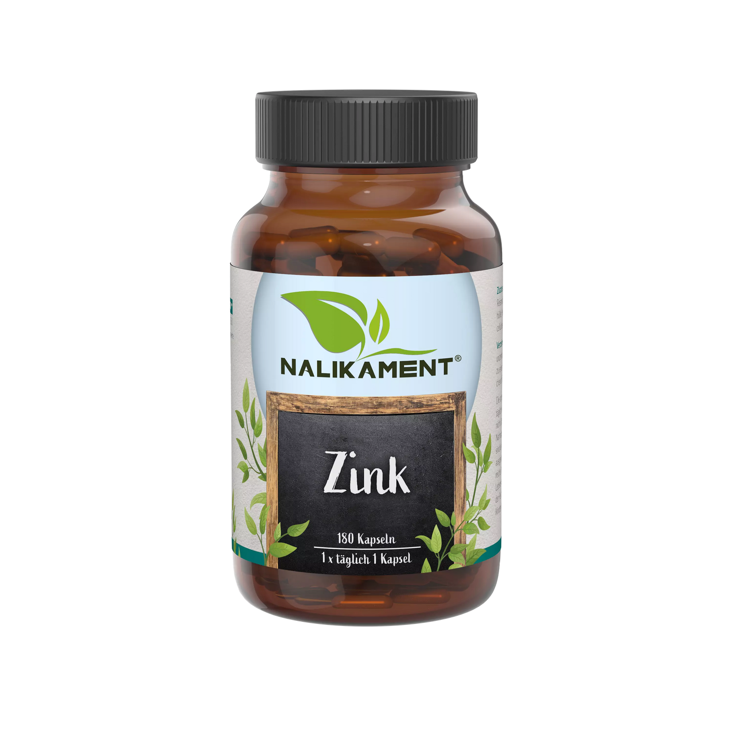 Nahrungsergänzungsmittel-Flasche mit Zink zur Unterstützung des Immunsystems und zur Verbesserung der Hautgesundheit.
