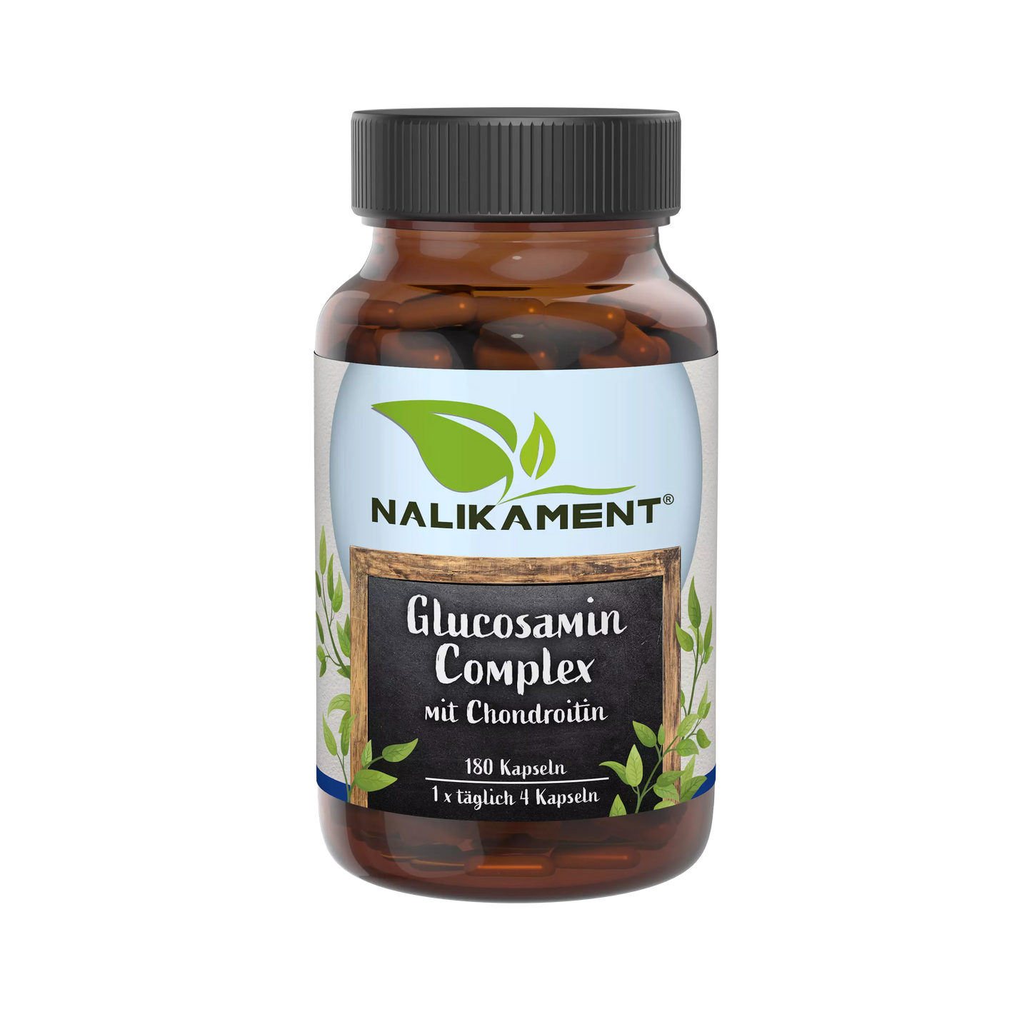 Nahrungsergänzungsmittel-Flasche mit Glucosamin-Komplex zur Unterstützung der Gelenkgesundheit und zur Verringerung von Gelenkschmerzen.