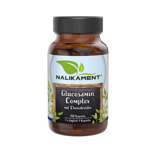 Nahrungsergänzungsmittel-Flasche mit Glucosamin-Komplex zur Unterstützung der Gelenkgesundheit und zur Verringerung von Gelenkschmerzen.