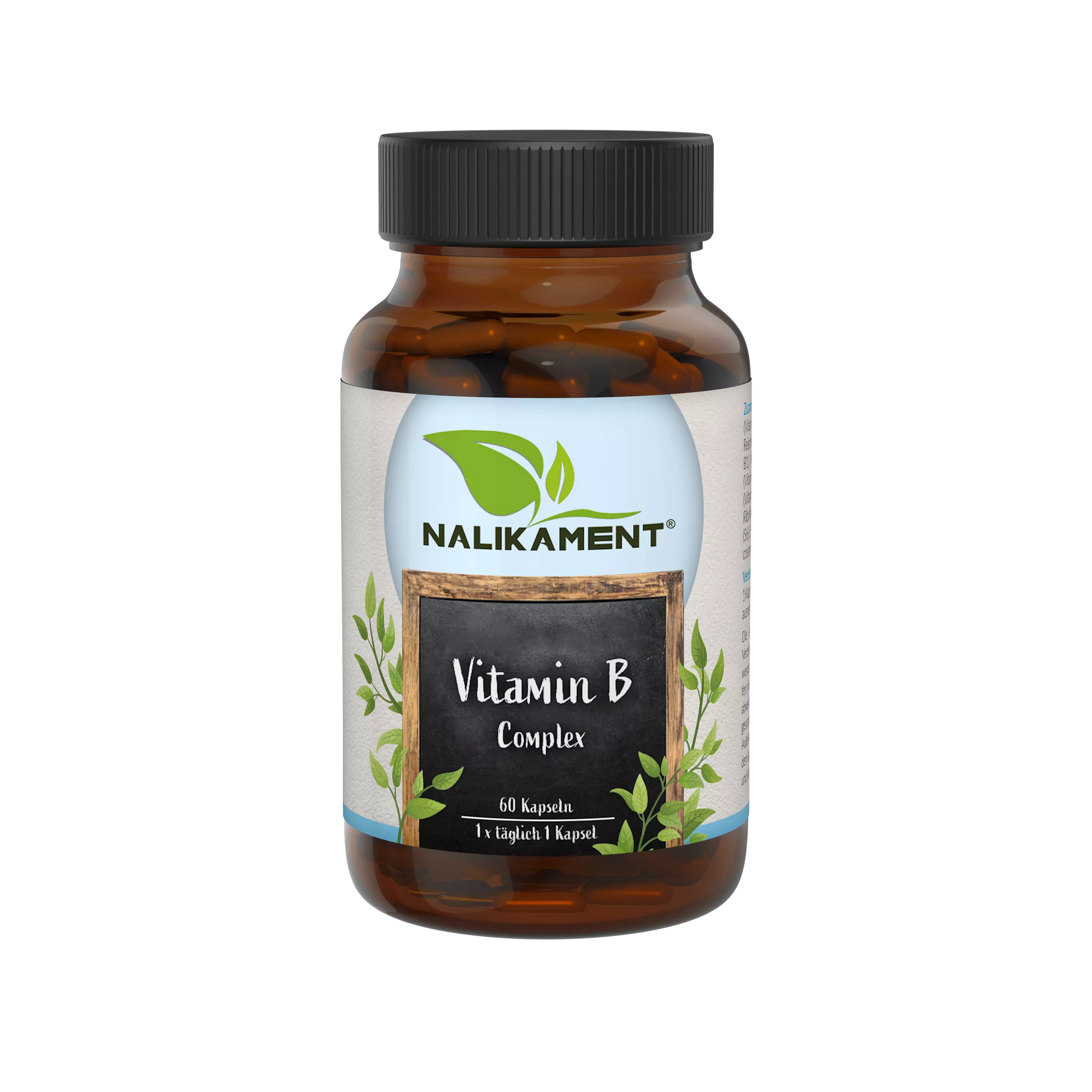 Nahrungsergänzungsmittel-Flasche mit Vitamin B-Komplex zur Unterstützung des Nervensystems und zur Verbesserung des Stoffwechsels.